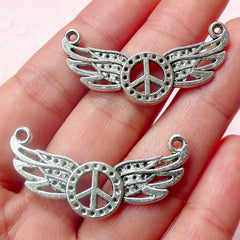 Peace Sign w/ Angel Wing Charms (2pcs) (37mm x 18mm / Tibetan Silver) Peace Symbol Connector Pendant Bracelet Zipper Pulls Keychain CHM447