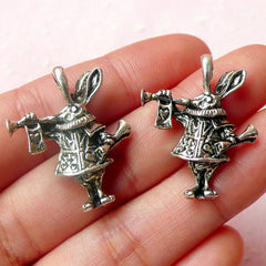 3D Alice in Wonderland / Bunny / Rabbit Charms (2pcs) (28mm x 22mm / Tibetan Silver / 2 Sided) Pendant Bracelet Zipper Pulls Keychain CHM467