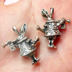3D Alice in Wonderland / Bunny / Rabbit Charms (2pcs) (28mm x 22mm / Tibetan Silver / 2 Sided) Pendant Bracelet Zipper Pulls Keychain CHM467