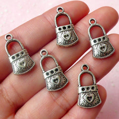 Handbag / Key Lock with Heart Charms (5pcs) (11mm x 20mm / Tibetan Silver) Metal Pendant Bracelet Earrings Zipper Pulls Bookmark CHM459