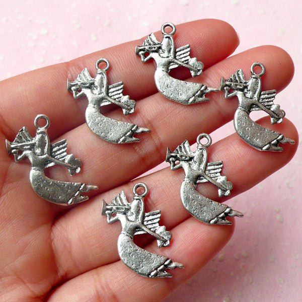 Angel Charms w/ Trumpet (6pcs) (13mm x 22mm / Tibetan Silver) Metal Charms Pendant Bracelet Earrings Zipper Pulls Bookmarks Keychains CHM471