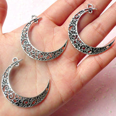 Moon Charms w/ Scroll Pattern (3pcs) (31mm x 36mm / Tibetan Silver) Metal Charms Pendant DIY Earrings Zipper Pulls Bookmarks CHM474
