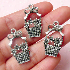 Flower Basket Charms (3pcs) (15mm x 28mm / Tibetan Silver) Metal Findings Pendant Bracelet Earrings Zipper Pulls Bookmarks Keychains CHM485