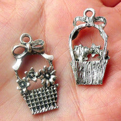 Flower Basket Charms (3pcs) (15mm x 28mm / Tibetan Silver) Metal Findings Pendant Bracelet Earrings Zipper Pulls Bookmarks Keychains CHM485