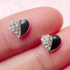 Heart Cabochon (2pcs) (Black w/ Clear Rhinestones) Fake Miniature Cupcake Topper Earring Making Nail Art Nail Decoration Scrapbooking NAC112