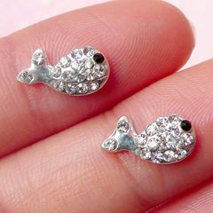 Mini Fish Cabochon (2pcs) (Silver w/ Clear Rhinestones) Fake Miniature Cupcake Topper Earring Making Nail Art Nail Deco Scrapbooking NAC113