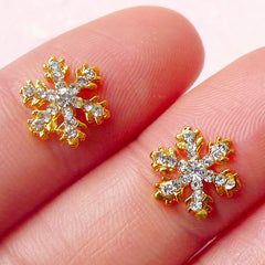 Mini Snowflakes Cabochon (2pcs) (Gold w/ Clear Rhinestones) Fake Miniature Cupcake Topper Earring Making Kawaii Nail Art Decoration NAC117