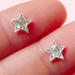 Tiny Star Cabochon (Silver w/ Clear Rhinestones) (2pcs) Fake Miniature Cupcake Topper Kawaii Nail Art Nail Decoration Scrapbooking NAC118