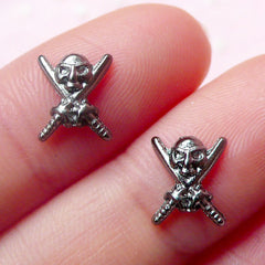 Mini Skull Head w/ Sword Cabochons (2pcs) (Black Silver) Fake Miniature Cupcake Topper Earring Making Punk Nail Art Decoration NAC121