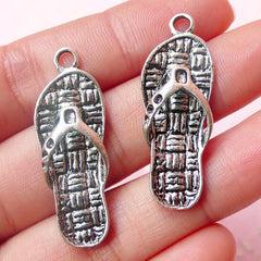 3D Flip Flops Charms (2pcs) (12mm x 35mm / Tibetan Silver) Dollhouse Shoe Pendant Bracelet Earrings Zipper Pulls Bookmark Keychains CHM494