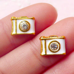 Mini Camera Cabochon (2pcs) (Gold, White w/ Clear Rhinestones) Kawaii Nail Art Deco Earrings Scrapbooking Fake Mini Cupcake Topper NAC111