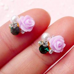 Tiny Flower Cabochons w/ Rhinestones and Pearl (2pcs) Fake Miniature Cupcake Topper Earring Making Elegant Nail Art Nail Decoration NAC119