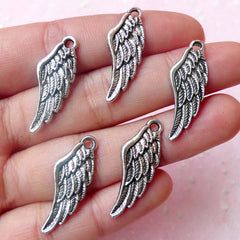 Angel Wing Charms (5pcs) (10mm x 27mm / Tibetan Silver) Kawaii Charms DIY Pendant Bracelet Earrings Zipper Pulls Bookmarks Keychain CHM514