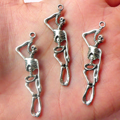 Skeleton Charms (3pcs) (12mm x 42mm / Tibetan Silver / 2 Sided ) Halloween Charms Pendant Earrings Zipper Pulls Bookmarks Key Chains CHM522