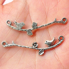 Bird on a Branch Connector Charms (4pcs) (39mm x 11mm / Tibetan Silver) Kawaii Metal Charms Bird Charms Pendant  Bracelet Link CHM524