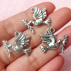 Dove Charms w/ Peace & Shalom (3pcs) (22mm x 20mm / Tibetan Silver / 2 Sided) Bird Charms Pendant Bracelet Earrings Zipper Pulls CHM505