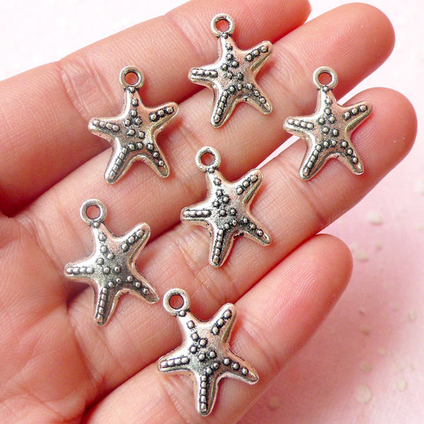 Sea Star Fish Charms (6pcs) (14mm x 18mm / Tibetan Silver / 2 Sided) Seastar Starfish Charms Pendant Bracelet Earrings Zipper Pulls CHM508