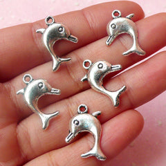 Dolphin Charms (5pcs) (13mm x 18mm / Tibetan Silver / 2 Sided) Fish Charms Pendant Bracelet Earrings Zipper Pulls Bookmark Keychains CHM525