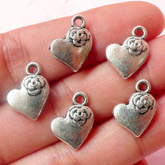 CLEARANCE Heart Charms w/ Flower (5pcs) (11mm x 14mm / Tibetan Silver) Valentines Pendant Bracelet Earrings Zipper Pulls Bookmarks Keychains CHM527