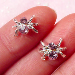 Tiny Spider Cabochon (2pcs) (11mm / Silver with Pink Rhinestones) Fake Miniature Cupcake Topper Earring Making Nail Art Nail Deco NAC124