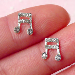 Tiny Music Note Cabochon (2pcs / 8mm) (Silver w/ Clear Rhinestones) Fake Miniature Cupcake Topper Earring Making Nail Art Decoration NAC129