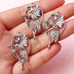 Bird and Flower Connector Charms (3pcs) (20mm x 36mm / Tibetan Silver) Pendant Bracelet Earrings Bookmark Zipper Pulls Keychain CHM529