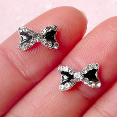 Tiny Bow Bowtie Cabochon (2pcs) (10mm / Black with Clear Rhinestones) Fake Miniature Cupcake Topper Earring Making Nail Art Nail Deco NAC123