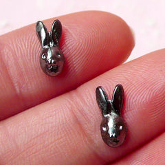 Tiny Bunny Rabbit Cabochon (2pcs) (10mm / Black Silver) Fake Miniature Cupcake Topper Earring Making Punk Rock Nail Art Nail Deco NAC125