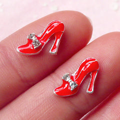 CLEARANCE Tiny High Heel Cabochon (2pcs / 11mm) (Red w/ Clear Rhinestones) Fake Miniature Cupcake Topper Earring Making Nail Art Decoration NAC130