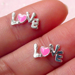 Mini LOVE Cabochon (2pcs) (11mm / Pink and Silver) Kawaii Fake Miniature Cupcake Topper Earring Making Valentines Nail Art Decoration NAC133