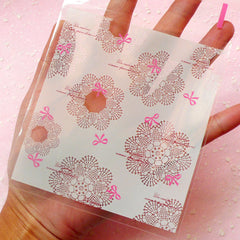 Ribbon and Doily Gift Bags (20 pcs / Pink & White ) Self Adhesive Resealable Bags Handmade Gift Packaging Cookie Bags (9.9cm x 11.2cm) GB064
