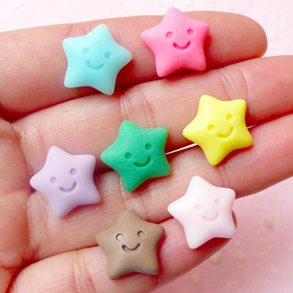 Decoden Star Cabochons w/ Happy Smiley Face (7pcs / 15mm / Pastel Color) Kawaii Fairy Kei Deco Scrapbooking Miniature Cupcake Topper FCAB196