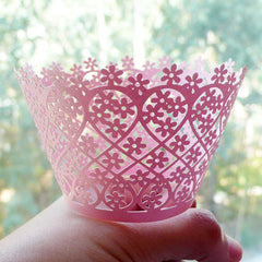 Cupcake Wrappers - Light Pink Flower - Laser Cut Pink Cupcake Wrapper - Cake Deco / Cupcake Decoration / Packaging (6pcs) CUP14