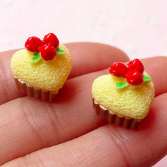 Dollhouse Cupcake Resin Cabochon Heart Shape (2pcs / 14mm x 13mm / 3D) Miniature Sweets Jewellery Kawaii Decoden Cellphone Case Deco FCAB184