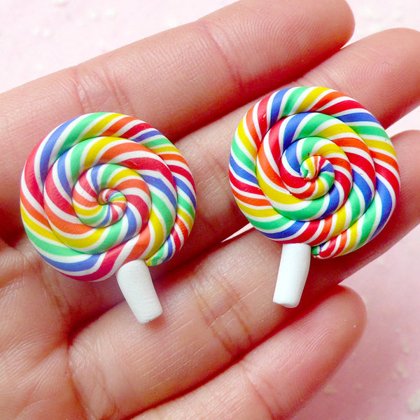 Polymer Clay Lollipop Cabochon in Rainbow Color / Fimo Candy Cabochon (2pcs / 23mm x 28mm) Kawaii Sweets Deco Dollhouse Food Jewelry FCAB185
