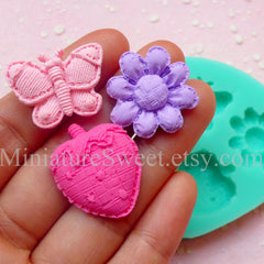 CLEARANCE Flexible Mold Silicone Mold (Butterfly Strawberry Flower 3pcs) Kawaii Gumpaste Fondant Cupcake Topper Miniature Sweets Scrapbooking MD020