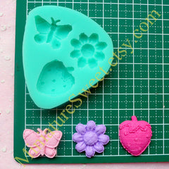 CLEARANCE Flexible Mold Silicone Mold (Butterfly Strawberry Flower 3pcs) Kawaii Gumpaste Fondant Cupcake Topper Miniature Sweets Scrapbooking MD020