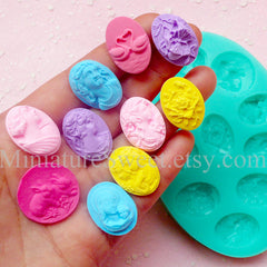 CLEARANCE Silicone Mold Flexible Mold (Victorian Lady Flower Animal Cameo 10pcs) Fondant Gumpaste Cupcake Topper Resin Jewelry Scrapbooking MD031