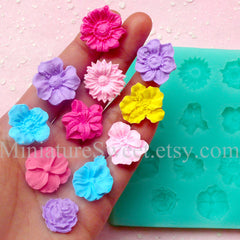 Silicone Mold Flexible Mold (Flower Mold 11pcs) Kawaii Fondant Gumpaste Cupcake Topper Chocolate Mold Resin Clay Jewelry Scrapbooking MD033