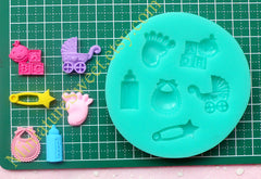 Silicone Mold Flexible Mold (Baby Stroller Foot Bib  Bottle 6pcs) Fondant Gumpaste Cupcake Topper Chocolate Clay Resin Scrapbooking MD034
