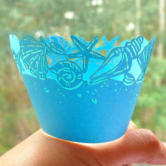 Cupcake Wrappers - Blue Sea Shell Sea Star- Laser Cut Blue Cupcake Wrapper - Cake Deco / Cupcake Decoration / Packaging (6pcs) CUP19