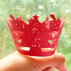 Cupcake Wrappers - Red Christmas Tree & Gift - Laser Cut Red Cupcake Wrapper - Cake Deco / Cupcake Decoration / Packaging (6pcs) CUP18