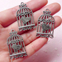 CLEARANCE Bird Cage w/ Heart Charms (3pcs) (34mm x 20mm / Tibetan Silver) Finding Pendant Bracelet Earrings Zipper Pulls Bookmark Keychains CHM560