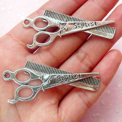 Scissors & Comb Charms (2pcs) (53mm x 22mm / Tibetan Silver) Hairdresser Charms Findings Pendant Earrings Zipper Pulls Keychain CHM563