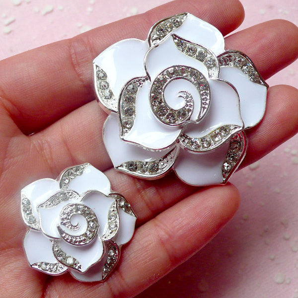 Rose Flower Metal Cabochon (2pcs / White, Silver with Clear Rhinestones / 27mm & 42mm) Bling Bling Floral Embellishment Wedding Decor CAB291