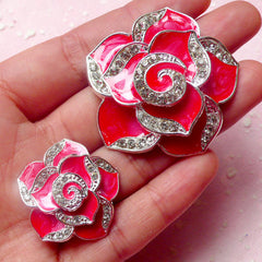 Metal Rose Flower Cabochon (2pcs / Light Red, Silver with Clear Rhinestones / 27mm & 42mm) Floral Decoden Bling Bling Decoration CAB292