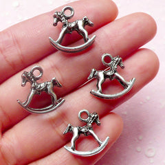 CLEARANCE 3D Rocking Horse Charms (4pcs) (16mm x 16mm / Tibetan Silver / 2 Sided) Pendant Bracelet Earrings Zipper Pulls Bookmark Keychains CHM559