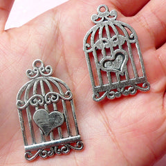 CLEARANCE Bird Cage w/ Heart Charms (3pcs) (34mm x 20mm / Tibetan Silver) Finding Pendant Bracelet Earrings Zipper Pulls Bookmark Keychains CHM560