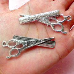 Scissors & Comb Charms (2pcs) (53mm x 22mm / Tibetan Silver) Hairdresser Charms Findings Pendant Earrings Zipper Pulls Keychain CHM563