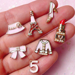 Lady Fashion Cabochon w/ Pearl (7pcs / 10mm to 19mm / Light Pink / Eiffel Tower Highheel Lipstick Cloth Ribbon Hat) Decoden Pieces CAB293